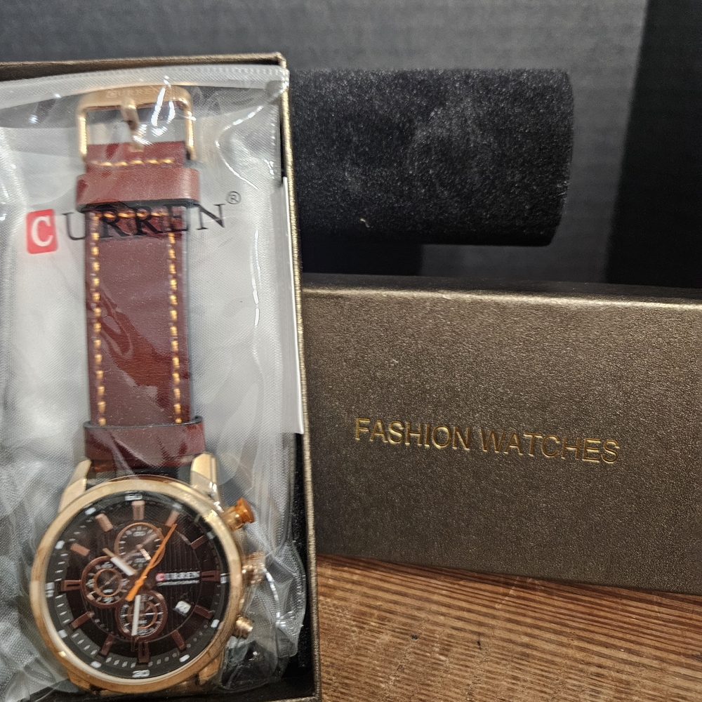 Men's Brown Leather Strap Fashion Watch - Gold Case